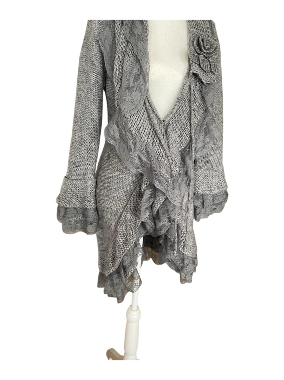 Sioni Grey Knit Lace Cardigan Sweater Coat Boho Romantic Size L - Picture 7 of 9